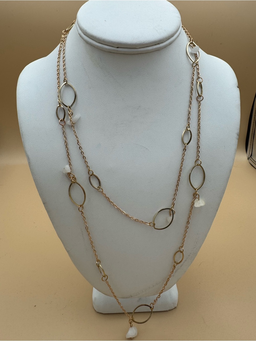 Gold Long Layered Necklace with White Stone Accents 133